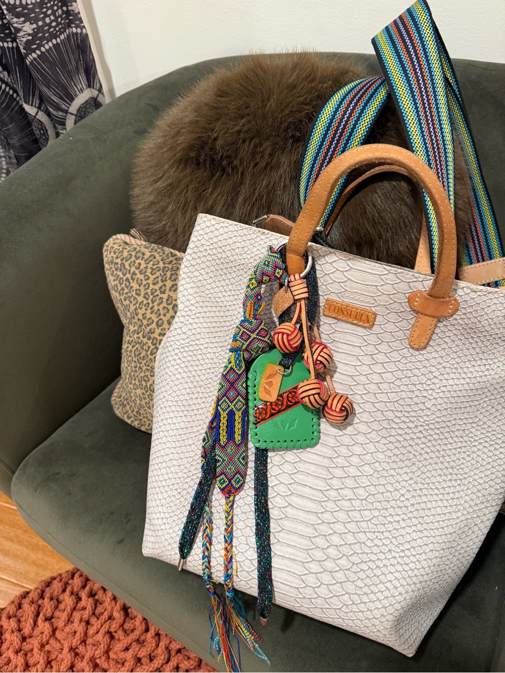 Consuela White Textured Tote with Tan Handles and Multicolor Strap - Picture 14 of 14